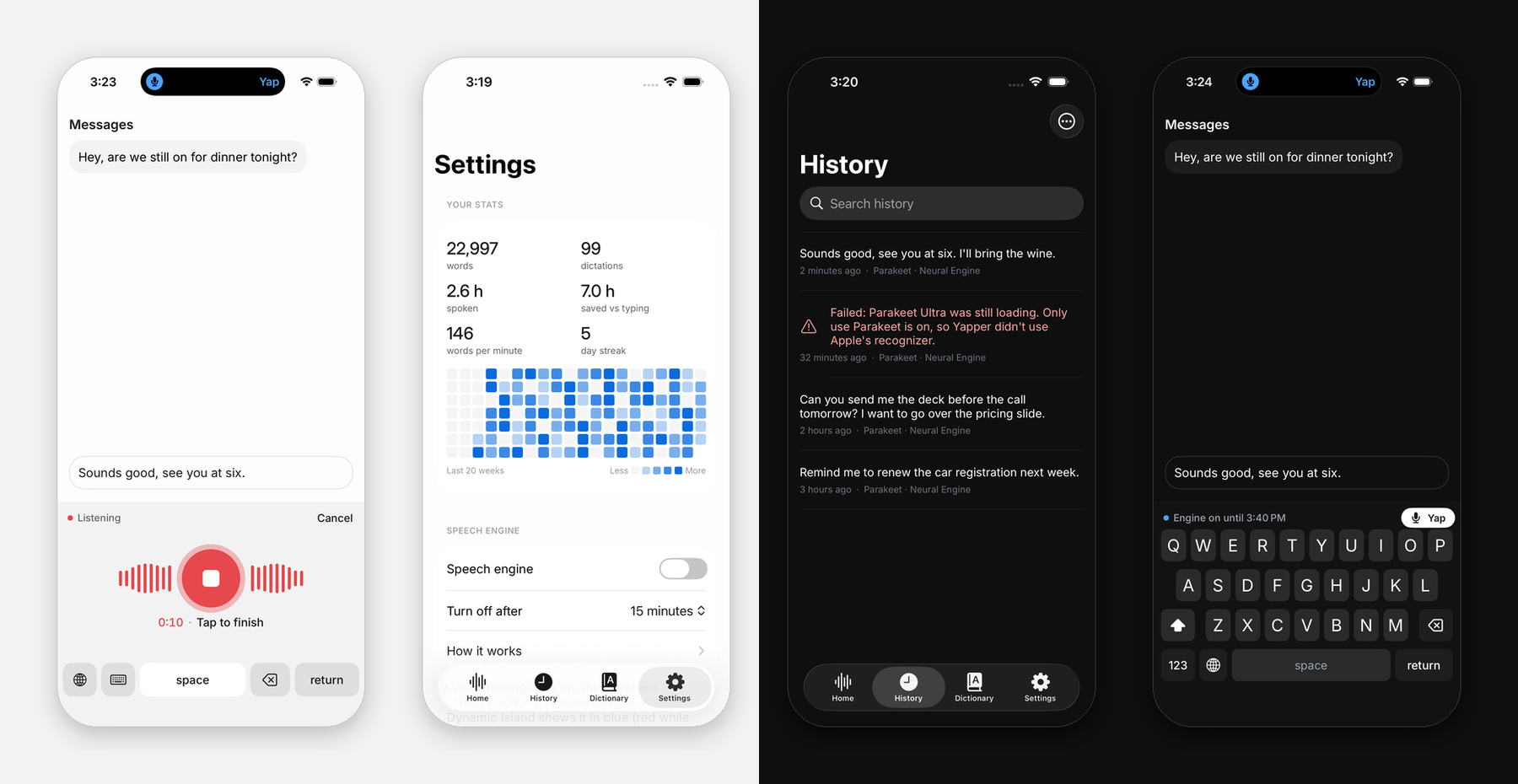 Yapper on iPhone: the keyboard listening in Messages, Settings with dictation stats, History, and the keyboard in dark mode
